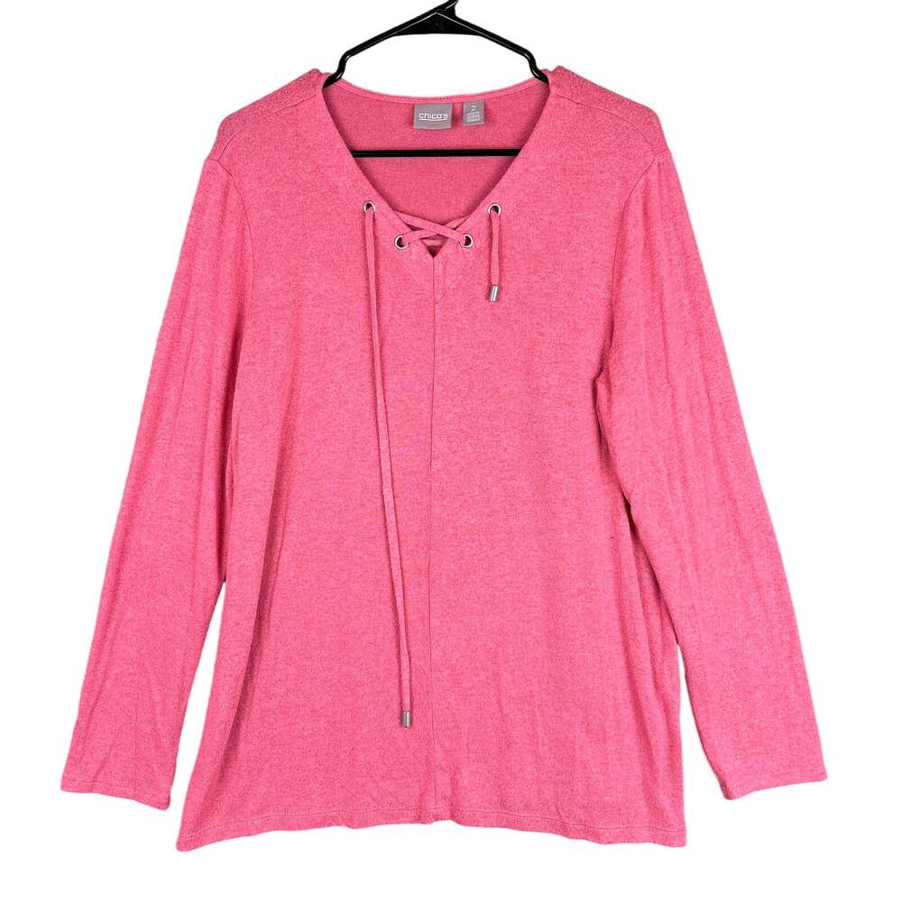 Chicos Women Shirt Coral Pink Lattice Lace Up V Neck Soft Long Sleeve Stretch 2